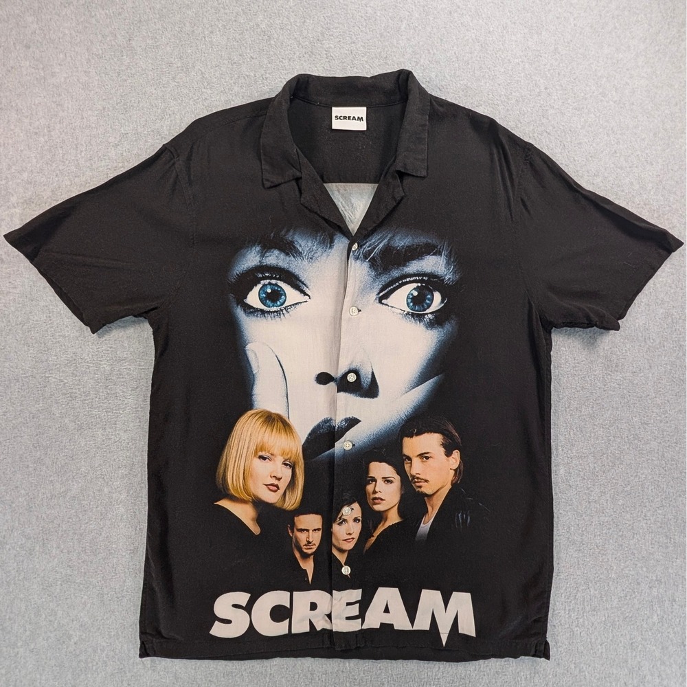 Ripple Junction Scream Movie Button Down Shirt Black Horror Film Mens L 22x29
